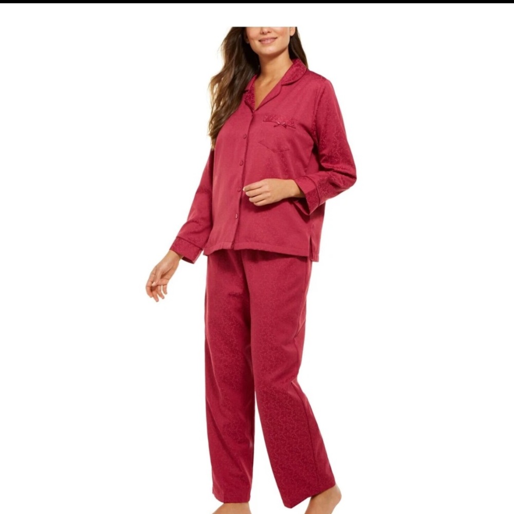 Miss Elaine Lux Knit Pajama Set Button Front Top &  Pants Cranberry Size XL NEW